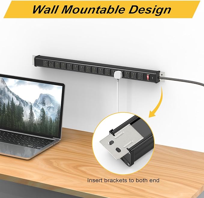16 Outlets Long Power Strip Metal Wall Mount Power Strip 10 FT Heavy Duty Garage Workbench Workshop Bar Industrial Electric Strip Outlets, ETL (Black)