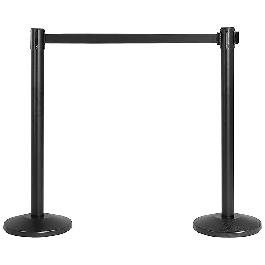Qbuster Black Stanchions with Retractable Belt, Crowd Control Safety Barrier with 11’ Black Belt, Set of 2 Posts