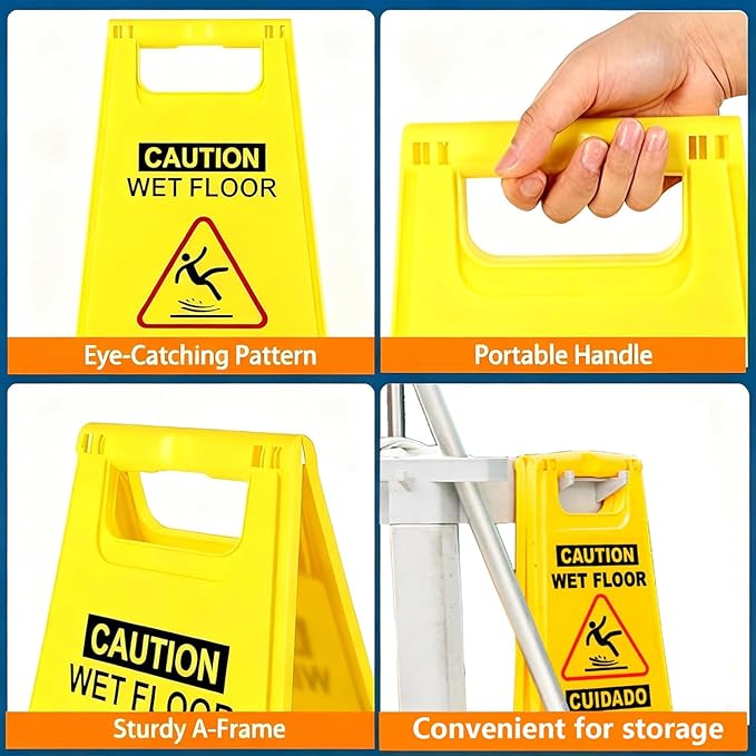 10 Pack Caution Wet Floor Sign, 24" Height, Bright Yellow, Double-Sided A-Frame Safety Caution Sign Commercial, Bilingual Caution Message