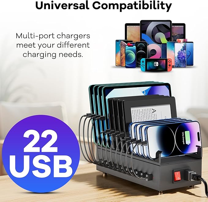 USB Charger Block, 300W 22 Port USB Charging Station for Multiple Devices, Desktop Wall Fast Charger with Storage Dividers, USΒ Power Strip Suitable for Home Office School Hotel
