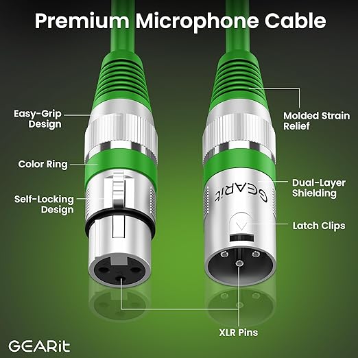 GEARit XLR Male to Female Microphone Cable (100 Feet, 1 Pack) 3-Pin Balanced Shielded Mixer, Recording Studio, Podcast - Green