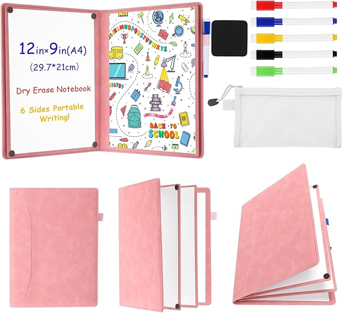 6 Sides Whiteboard Notebook Portable Whiteboard Dry Erase Notebook Portable Dry Erase Board Double Sided Folding Whiteboards White Board for Office Study Meeting(Pink,A4: 9"×12”)