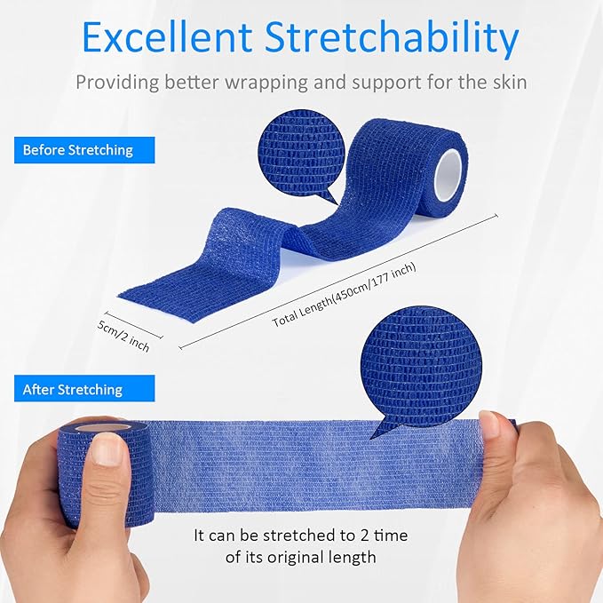 12Pcs 2”x 5 Yards Self Adhesive Bandage Wrap Elastic Bandage Wrap Self Adherent Cohesive Wrap Bandages for Wrist Ankle Vet Tape for Dogs Athletic Swelling Sprains Tape Grip Cover (Blue)