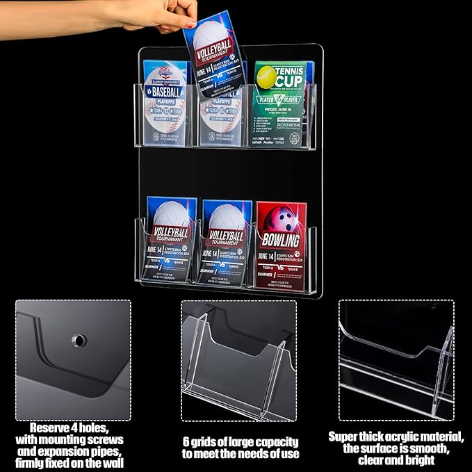 Eersida Acrylic Brochure Pamphlet Holder Brochure Display Stand Business Tri Fold Multi Slot Holder Rack Wall Mount Clear Pocket Space Saver for Flyer Literature Menu Advertise(6 Pockets)