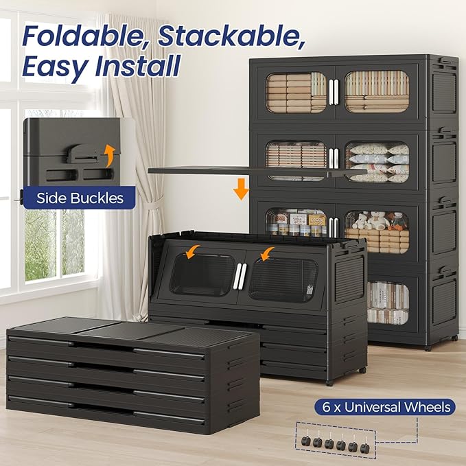 200Gal Exra Large Stackable Storage Bins with Lid, 800QT Collapsible Storage Box with 6x Wheels, Folding Plastic Cabinet Container with Door Drawer for Home Kitchen Office Dorm, 4Pack Black