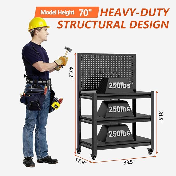 Metal Garage Shelving Unit with Pegboard, Heavy Duty 3000LBS Capacity Adjustable Industrial Storage Shelves, Mobile Steel Storage Rack for Garage, Warehouse, Basement, 47.2" H x 33.5" W x 18" D, Black