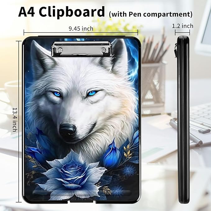 A4 Clipboards,Heavy Duty Waterproof Nursing Plastic Folder Clipboard with Storage Clip Boards,File Folder Storage Box Clipboard Case for Teacher,Doctor,Offices,Bule Rose Wolf