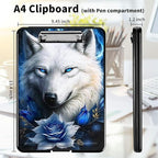 A4 Clipboards,Heavy Duty Waterproof Nursing Plastic Folder Clipboard with Storage Clip Boards,File Folder Storage Box Clipboard Case for Teacher,Doctor,Offices,Bule Rose Wolf