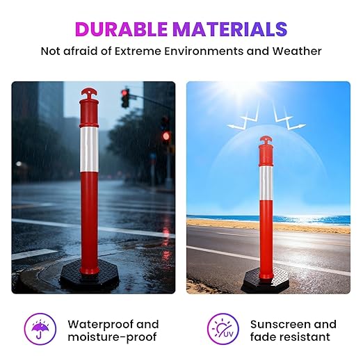46” Traffic Delineator Post Cones with Stable Carbon Steel Base and Reflective Bands, Channelizer Post Kit, Delineator Post for Road Safety and Event Management (3 Pack)