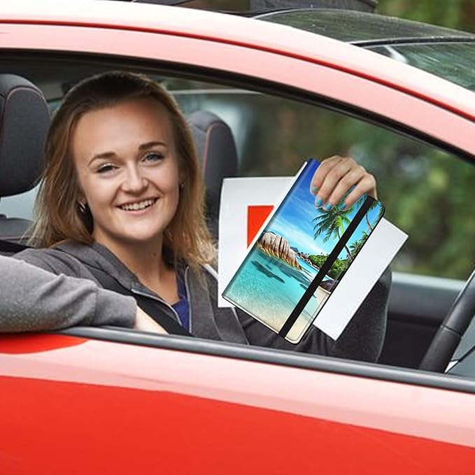 Car Registration and Insurance Holder, Leather Car Glove Box Organizer, Cool Car Accessories for ID, Driver's License Cards & Essential Document,business cards,Men&WomenBeach Palm Trees