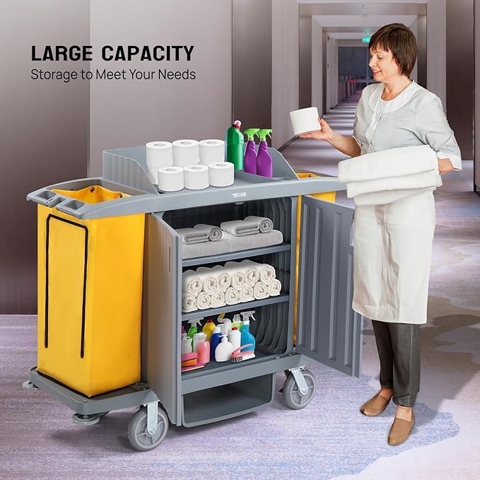 TUFFIOM Industrial Multifunctional Locking Hotel Cart, Commercial Traditional Cleaning Janitorial Room Service Housekeeping Cart, 51" H x 59" W x 20" D