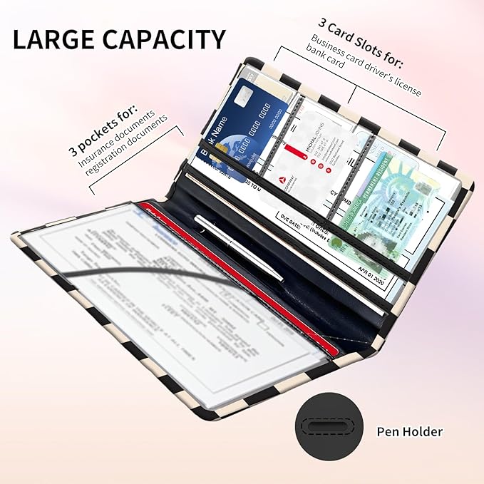 Premium Car Registration and Insurance Card Holder, Cute PU Leather Car Document Holder, Vehicle Glove Box Car Organizer with Magnetic Closure for Driver License, Cards Beige Checkerboard