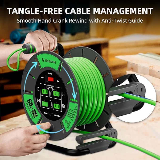 60 FT Retractable Extension Cord Reel, 14AWG SJTOW Heavy Duty Power Cord with 4 Grounded Outlets, USB-A & USB-C Ports, 13A Circuit Breaker, Hand Crank for Indoor Outdoor Use, ETL Listed, Green