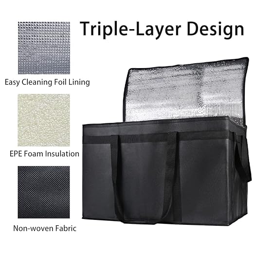 Bodaon 5-Pack Cooler Insulated Food Delivery Bag for Commercial Drivers, XXX-Large Thermal Bags for Catering/Hot Pizza, Travel/Camping/Picnic Basket, Grocery Reusable Warmer Frozen, Black, Hard Bottom