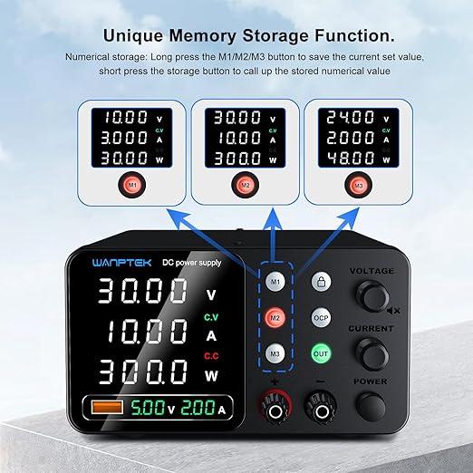DC Power Supply Variable, 30V 10A Adjustable Switching Regulated Bench Power Supplies with Memory Preset/Locking Key/OCP Protection/Output/USB Fast Charging /4-Digit LED Display
