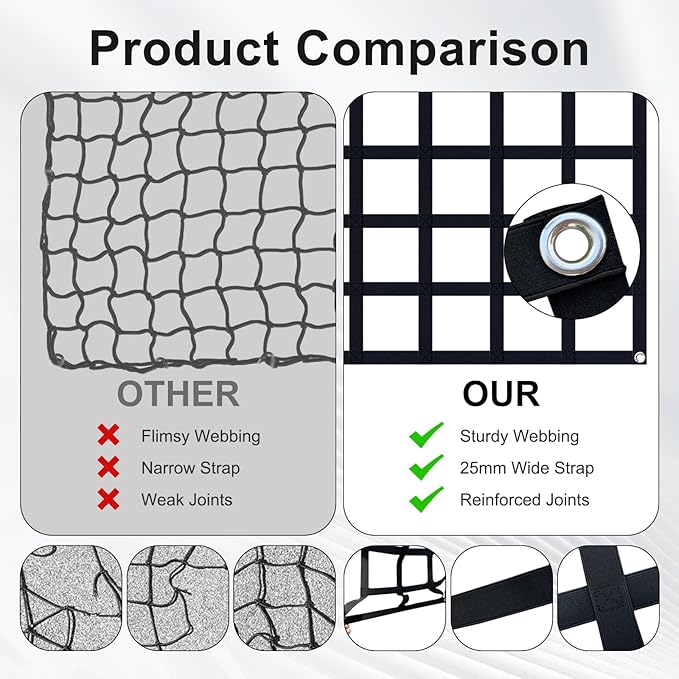 Flat Bungee Cargo Net for Pickup Truck Bed, Highly Elastic 4' x 4' Stretches to 9.5' x 9.5', 25mm mesh Width, 12 Carabiner Hooks, 4 Strong Metal Grommet, Compatible with Toyota, Ford, Chevy, Dodge RAM