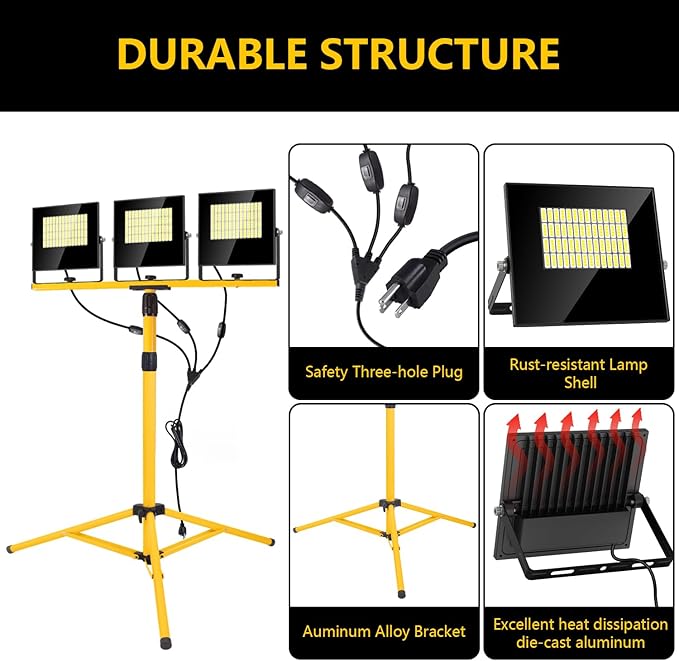 36000 Lumen Work Lights with Stand, 3 Adjustable Head LED Work Light with Adjustable and Foldable Tripod Stand, IP67 Waterproof Lamp Individual Switch with 16FT Cord for Outdoor Construction Lighting