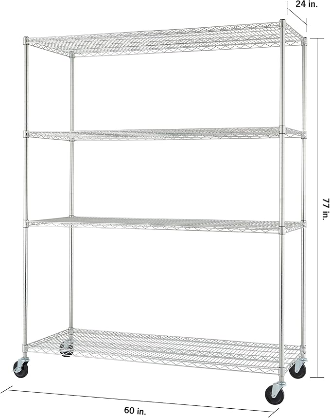 Trinity Basics 4-Tier Adjustable Wire Shelving with Wheels for Kitchen Organization, Garage Storage, Laundry Room, NSF Certified, 600 to 1800 Pound Capacity, 60” by 24” by 72”, EcoStorage Chrome