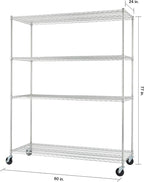 Trinity Basics 4-Tier Adjustable Wire Shelving with Wheels for Kitchen Organization, Garage Storage, Laundry Room, NSF Certified, 600 to 1800 Pound Capacity, 60” by 24” by 72”, EcoStorage Chrome
