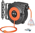 DEWENWILS 30FT Retractable Extension Cord Reel, 16/3C SJTW Heavy Duty Power Cord, Lighted Triple Outlets, 10A Circuit Breaker, Lightweight 180° Swivel Bracket, Ceiling/Wall Mount, ETL Listed, Orange