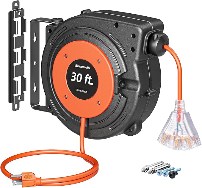 DEWENWILS 30FT Retractable Extension Cord Reel, 16/3C SJTW Heavy Duty Power Cord, Lighted Triple Outlets, 10A Circuit Breaker, Lightweight 180° Swivel Bracket, Ceiling/Wall Mount, ETL Listed, Orange