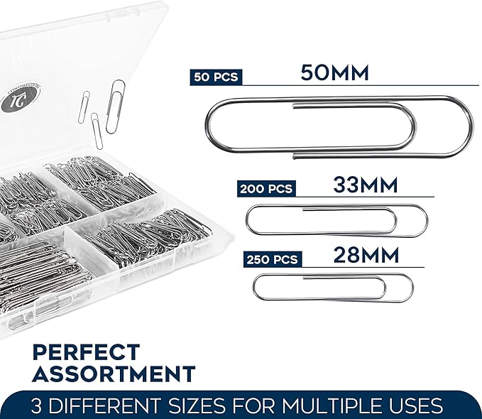 500 Pack Paper Clips by Luxurecourt - 3 Assorted Sizes of Silver Small and Large Paperclips Bulk, Rust-Resistant Nickel Plated Steel Clips, Essential for Organization - Home, School, Office Supplies
