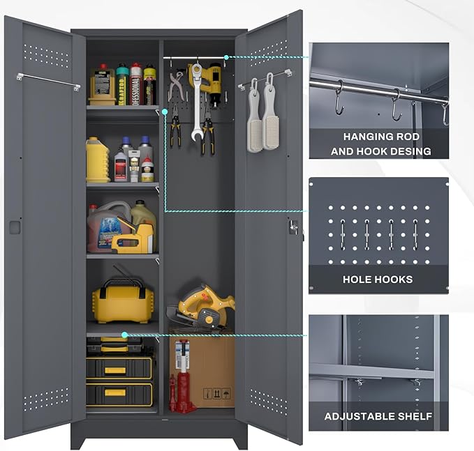 LUCYPAL Metal Storage Cabinet with Locking Doors,72.8" H Broom Closet Storage Cabinet with Shelves and Haging Rods,Garage Storage Cabinets for Kitchen,Utility Room,Grey