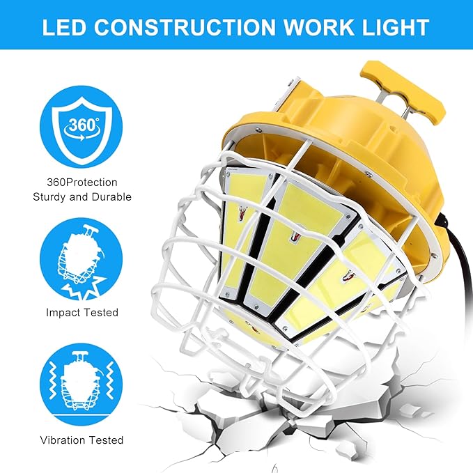 LED Temporary Work Light 250W 37500LM 5000K Daylight White High Bay led Construction Light with Hook Portable Linkable Durable LED Job Site Lighting for Damp Location Indoor Outdoor Area Lighting