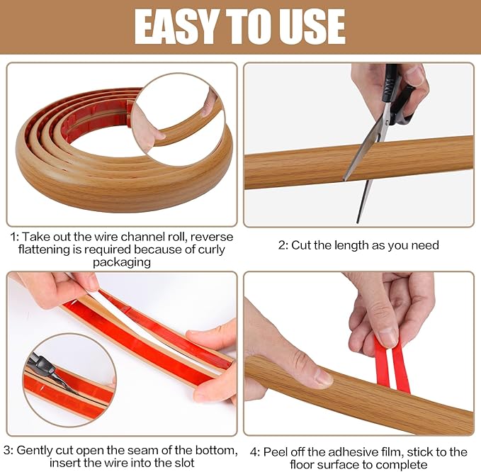 Floor Cord Cover Self Adhesive Cord Hider,3.3FT Cable Management, Extension Strip Protector for Wires, Prevent Cable Trips for Offices, Gyms, Exhibitions Cavity:0.3"(W) x 0.28"(H) Brown Wood