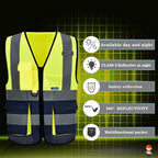 A-SAFETY High Visibility Safety Vest with 4 Reflective Strips 7 Pockets,Yellow&Navy X-Small