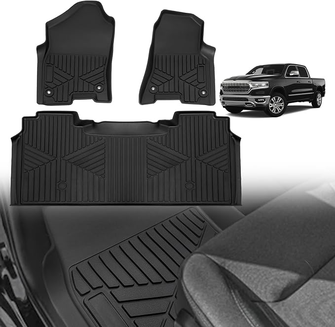 TripleAliners Floor Mats All Weather Liner Compatible with 2019-2026 RAM 1500 Crew Cab Accessories 1st & 2nd Row Floor Liners TPE Heavy Duty Custom Fit Car Mats (Not for Classic)