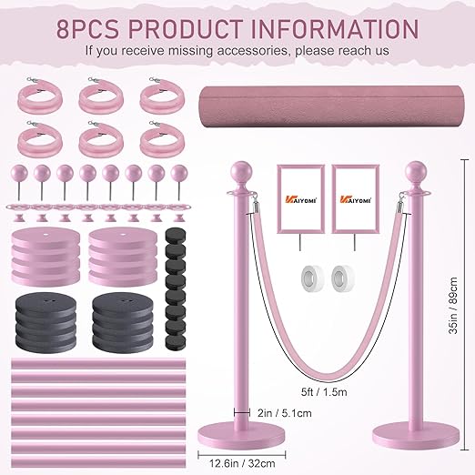 kaiyomi 8Pcs Stanchions Posts Velvet Ropes with Pink Carpet and Sign Frame, Water or Sand-Fillable Base, Suitable for 8.5" x 11" A4 Paper Size Sign Frame for Pink Carpet Party Decoration (Pink)