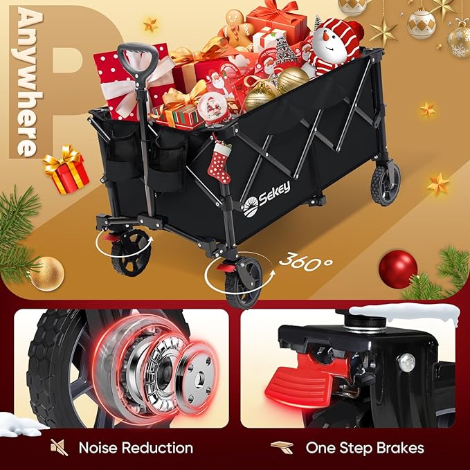 Sekey Collapsible Foldable Wagon with 330lbs Weight Capacity, Heavy Duty Folding Wagon Cart with Big All-Terrain Wheels & Drink Holders. Black