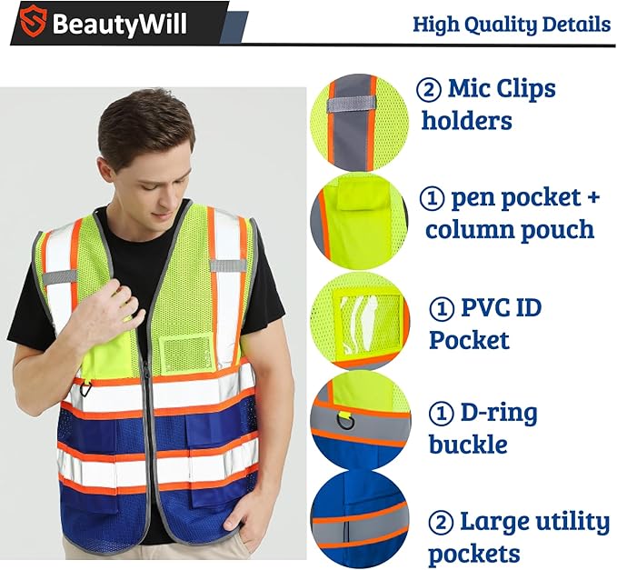 BeautyWill Custom Safety Vest Customized Logo Mesh Vest Class2 High Visibility Reflective Vest with Pockets Blue workwear（Yellow Blue，XL ）