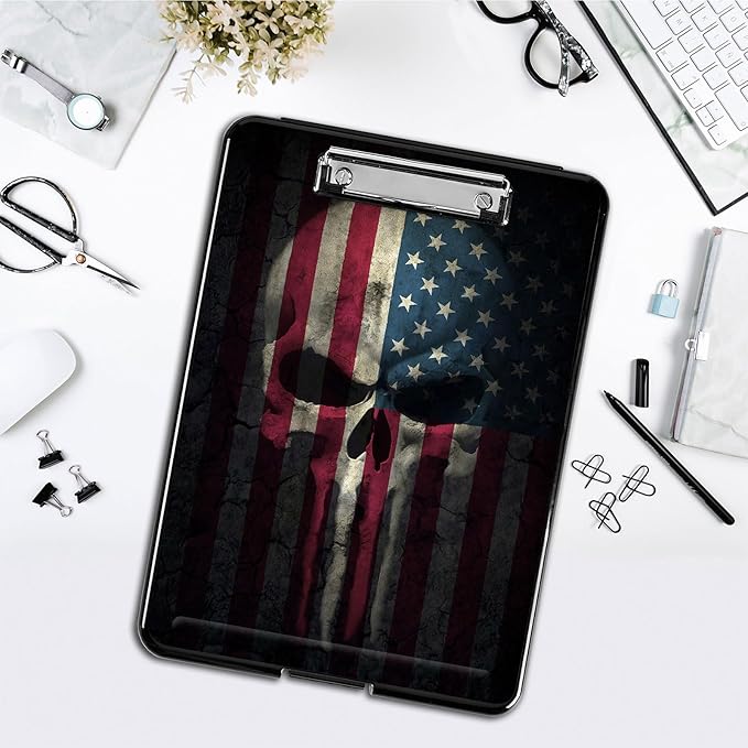 Clipboard with Storage,Office Supplies Nursing Clipboards Folder with Pen Holder Plastic Foldable Clip Board with Storage for Nurse Teacher,Skull Flag