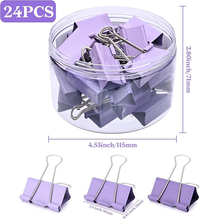 Temiary Aesthetic Binder Clips, 24 Pcs 1.6 Inches Small Metal Binder Clip with Clear Storage Container, Binding Paperwork Clamps for School Teachers Office Supplies (Purple)