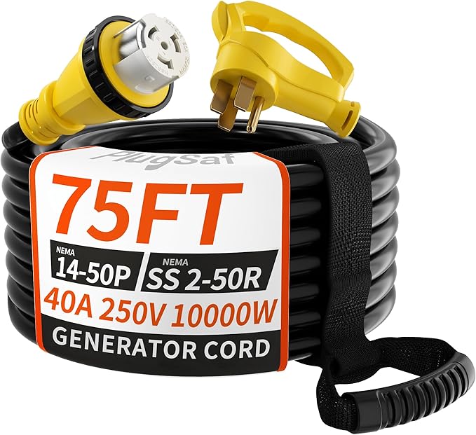 40 Amp Generator Cord, 75FT 40 Amp RV Extension Cord with Twist Lock, Generator Cable 40A 4 Prong Yellow, 14-50P to SS2-50R Heavy Duty STW Wire for RV Camper & House