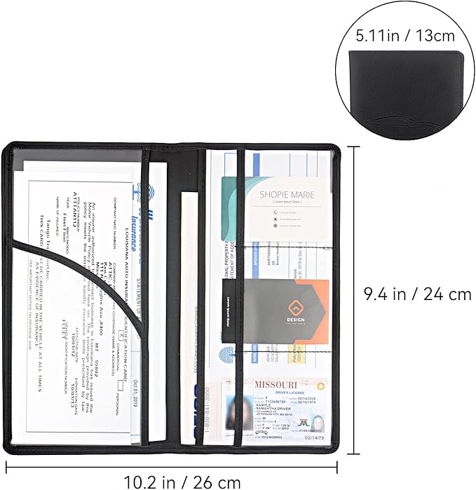 Car Registration and Insurance Holder, Premium Pu Leather Vehicle Glove Box Organizer - for Driver License, Cards & Essential Documents (L-Black)