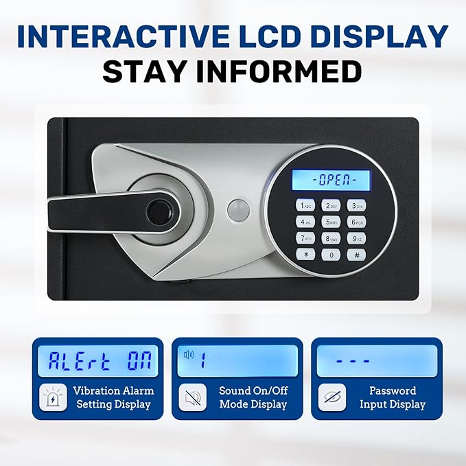 BlackSmith Large Home Safe 3.9 Cub Fingerprint Security Safe with LCD Display Dual Alarm Adjustable Shelves Wall Mount Lock Box Secure Money Jewelry with Individual Lockbox LED Light, Black