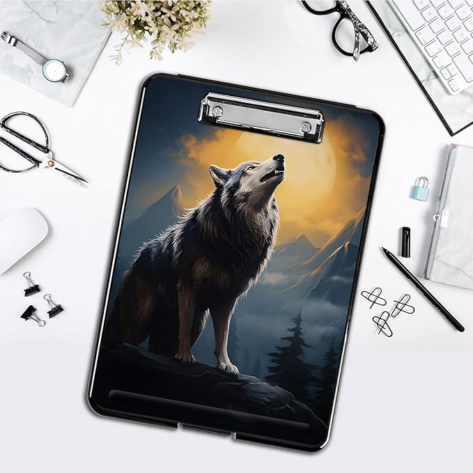 Clipboard with Storage,Office Supplies Nursing Clipboards Folder with Pen Holder Plastic Foldable Clip Board with Storage for Nurse Teacher,Wolf with Full Moon