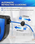 Retractable Cord Reel, 75 FT Heavy Duty Extension Cord, 14AWG/3C SJTOW, 3 Grounded Outlets Lighted Triple Tap, 10A Circuit Breaker, Wall/Ceiling Mounted, UL Listed, Blue U75CR06