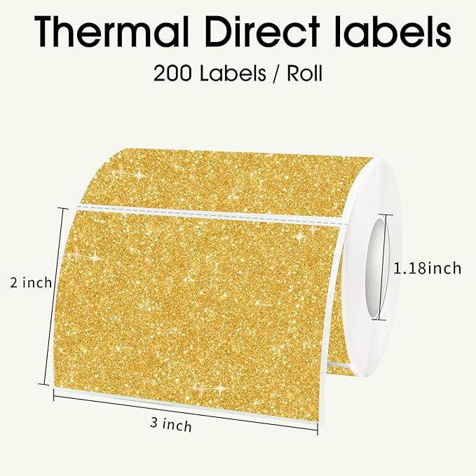 3x2 Inch Holographic Thermal Labels, Glitter Gold Thermal Sticker Labels, Waterproof Thermal Printer Stickers for Price, Barcode, Name, Custom Logo Design, 200 Pcs/Roll