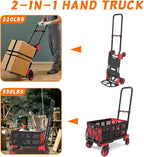 2-in-1 Folding Hand Truck with Folding Basket,Hand Truck with Retractable Handle, 330LBS Capacity Heavy Duty Hand Dolly, Dolly Cart with Wheels for Luggage/Moving/Travel