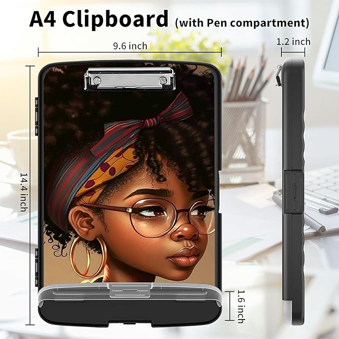 Clipboard with Storage High Capacity Plastic Nursing Clipboards with Pen Holder File Folder Storage Box Clipboard with Heavy Duty Clips for Teacher,Doctor,Offices-Black African American