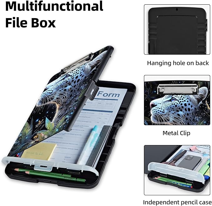 Clipboard with Storage Box & Pen Holder,Heavy Duty Clip Boards 8.5x11 for Nursing,High Capacity,School & Office Supplies,Starry Leopard