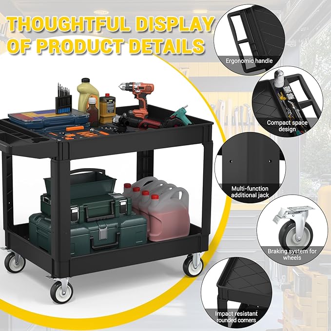 Heavy Service Utility Cart on Wheels,Tool Cart on Wheels, Service Cart for Garage, Warehouse, Workshop, Office, Cleaning (Black-45.7 inch)