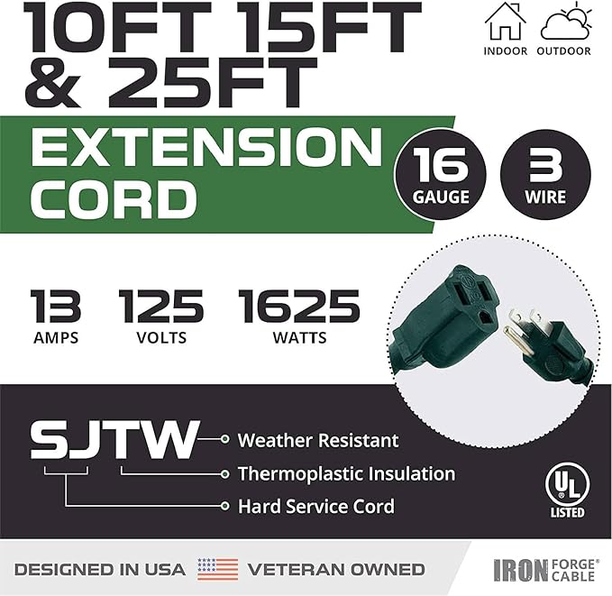 Iron Forge Cable Weatherproof Outdoor Extension Cord 3 Pack, 10 ft, 15 ft, and 25 ft - 16/3 SJTW 13 Amp Heavy Duty Green Extension Cord 3 Prong