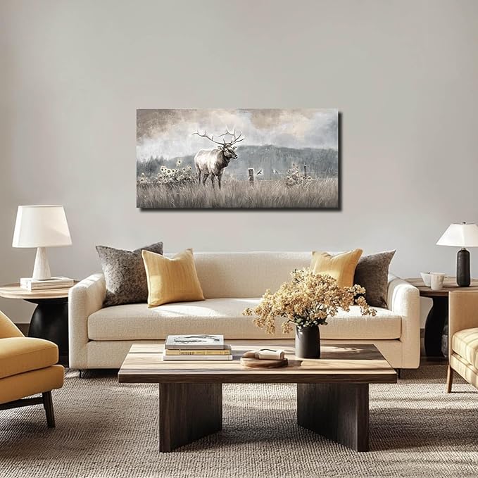 ZHENGYIN Elk & Wildflowers Canvas Wall Art, Western Deer Wildlife Meadow Landscape Artwork, Rustic Neutral Earth Tone Farmhouse Wall Decor for Entryway Bedroom, Over Console, 20x40 Inch