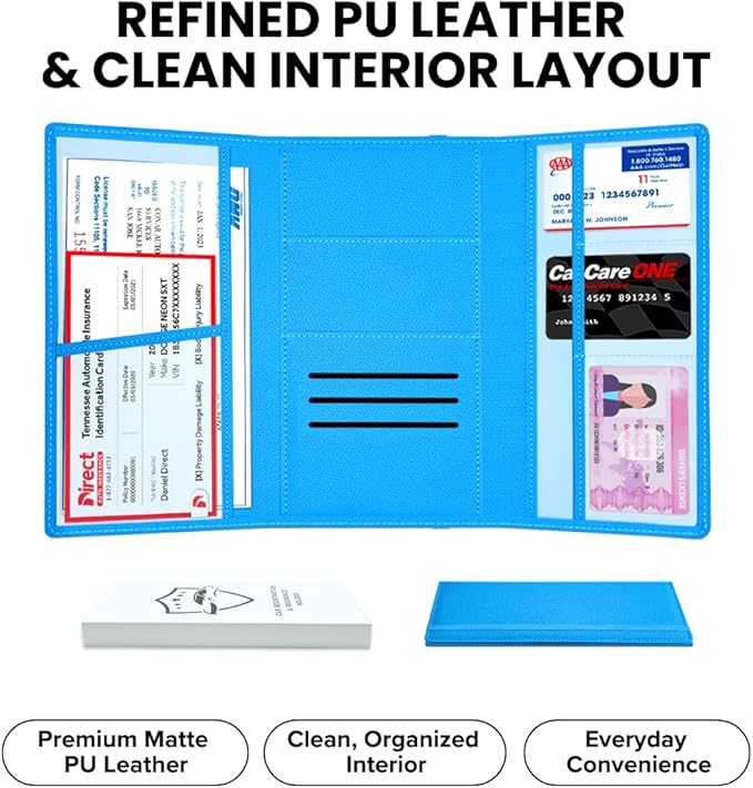 LINTRU Car Registration and Insurance Holder Trifold, Oversized Fit with Reinforced Construction, Matte PU Leather Vehicle Glove Box Organizer for Documents, Car Accessories for Men and Women