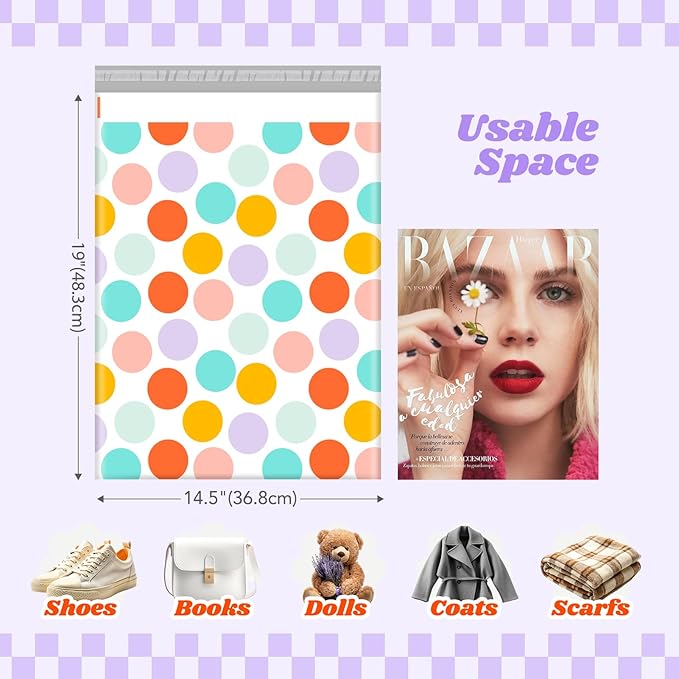 Metronic Poly Mailers 14.5x19 Inch 500pc Shipping Bags for Clothes,Self Adhesive Shipping Envelopes for Small Business,Waterproof Mailers Poly Bags for Shipping,Packaging Mailing Bags Color Polka Dots